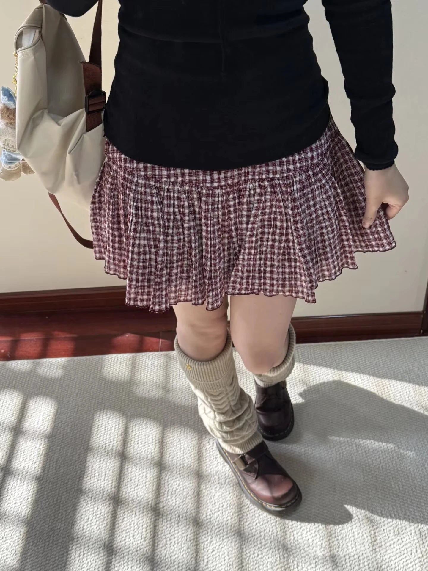Red Plaid A-line Shirks Women Cotton High Waist Elastic Ruffles Hem Sweet Mini Skirts Vintage Cute Streetwear Falda