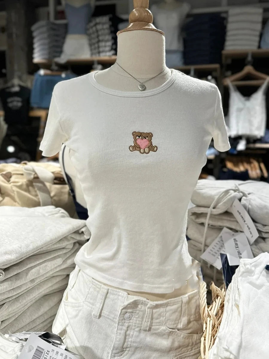 Fashion Heart Bear Embroidery Crop Tops Women 2024 New Cotton Casual Streetwear Short Sleeve Tee Vintage Sweet Cute T-shirts Y2K