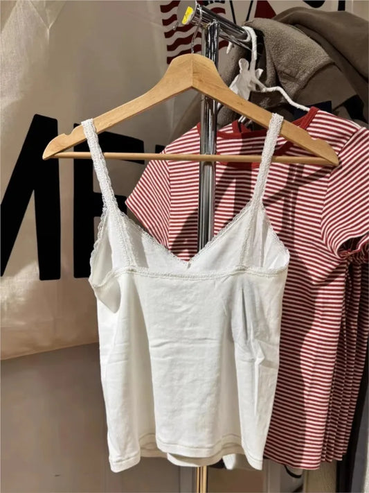 White Lace Trim Slim Tank Top for Woman Summer V-neck Cotton Crop Tops Female Casual Sweet All-match Preppy Style Camisole y2k