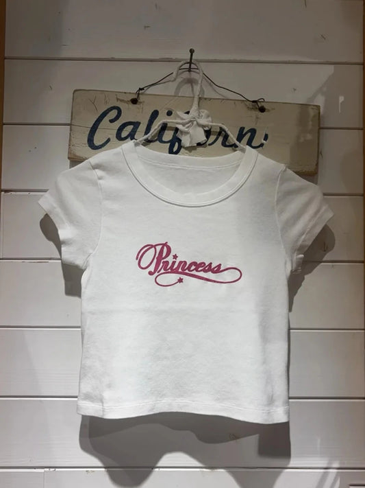 Glitter Letter Print T-shirts Women Summer Casual Preppy Style Cotton O-neck Short Sleeve Cropped Tees Sweet Cute Simple Tshirts