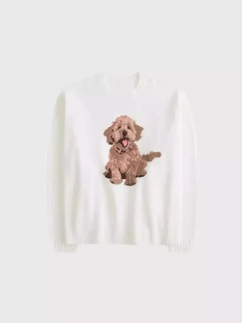 Cute Dog Graphic Knitted Sweater Women Autumn O-Neck White Long Sleeve Pullover Tops Female Preppy Style Loose Casual Jumper New