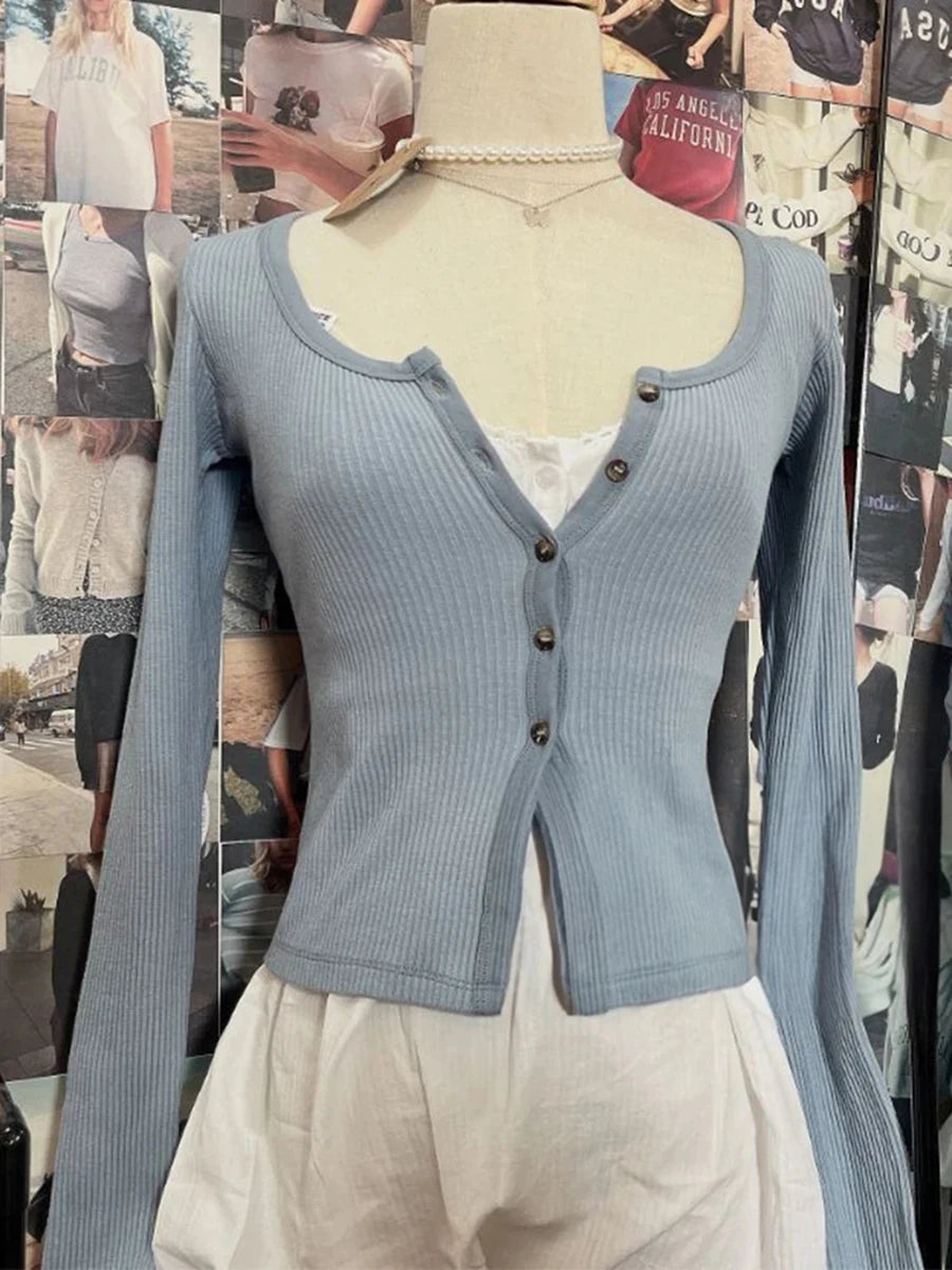 Simple Basic Cotton Ribbed Gray Crop Tops Women New Buttons Casual O-neck Long Sleeve Tee Female Harajuku Slim Y2K Chic T-shirts
