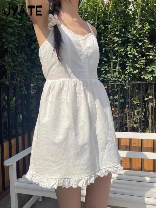 Sweet White Folds Texture Camisole Dress Women Cotton High Quality A-line Vestidos Summer Vintage Chic Slim Y2K Mini Dresses New