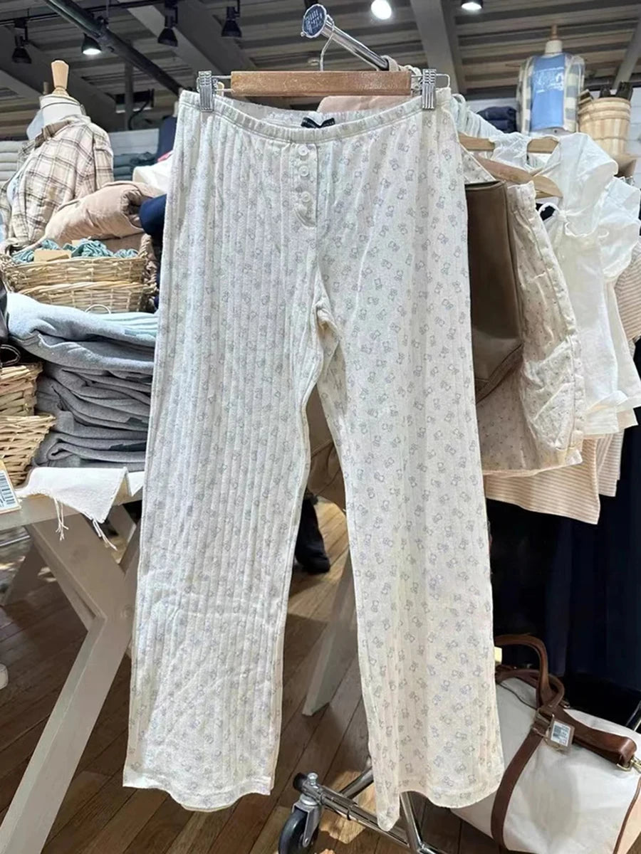 Little Yellow Duck Print Long Pants Women New Cotton Casual Elastic High Waist Straight Trouser Sweet Chic Cute Home Pant Y2K