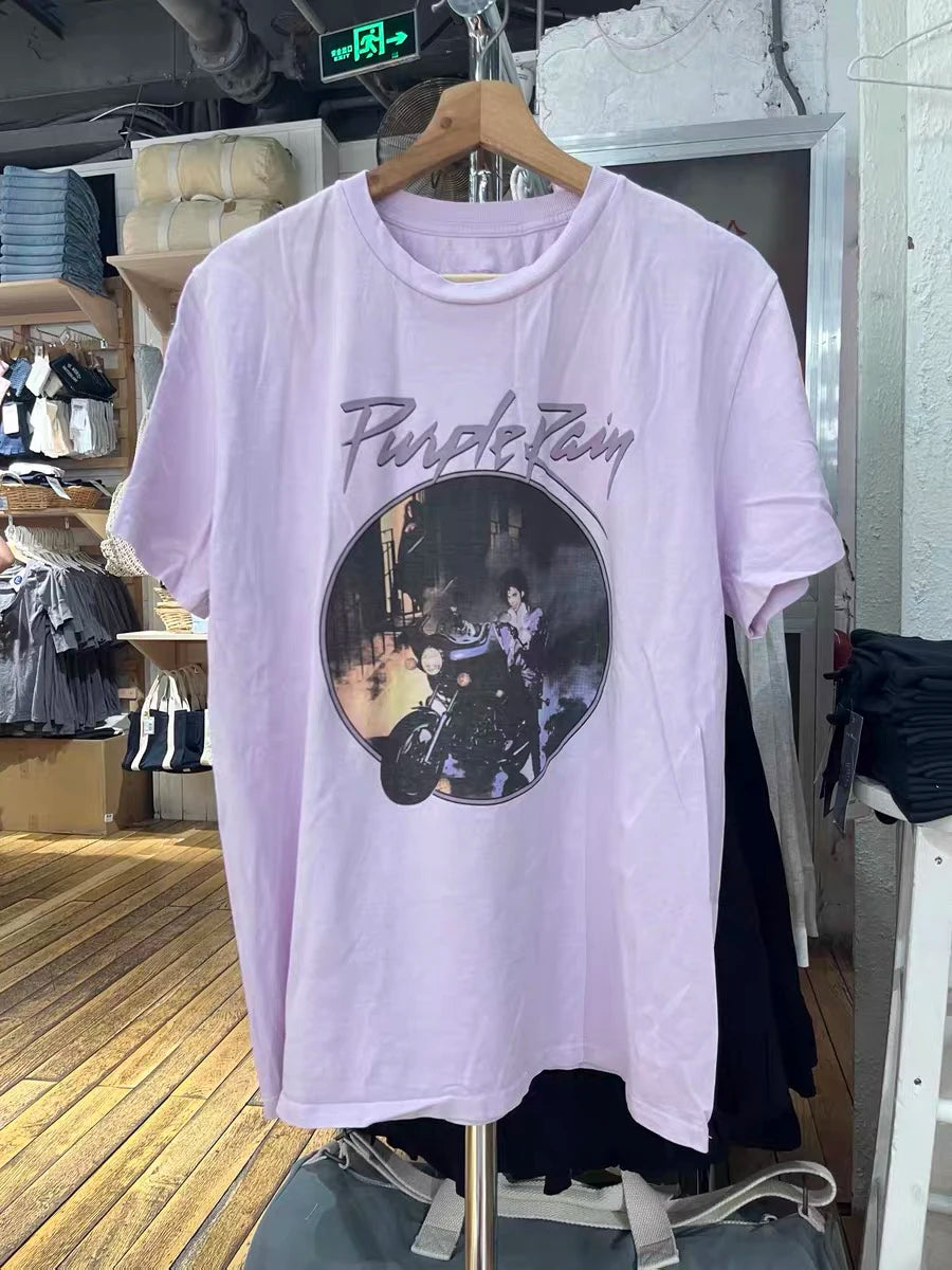 Purple Harley Motorcycle Print T-shirts Women Summer Casual Cotton O-neck Short Sleeve Tees Vintage Streetwear Chic Tee Y2K Tops