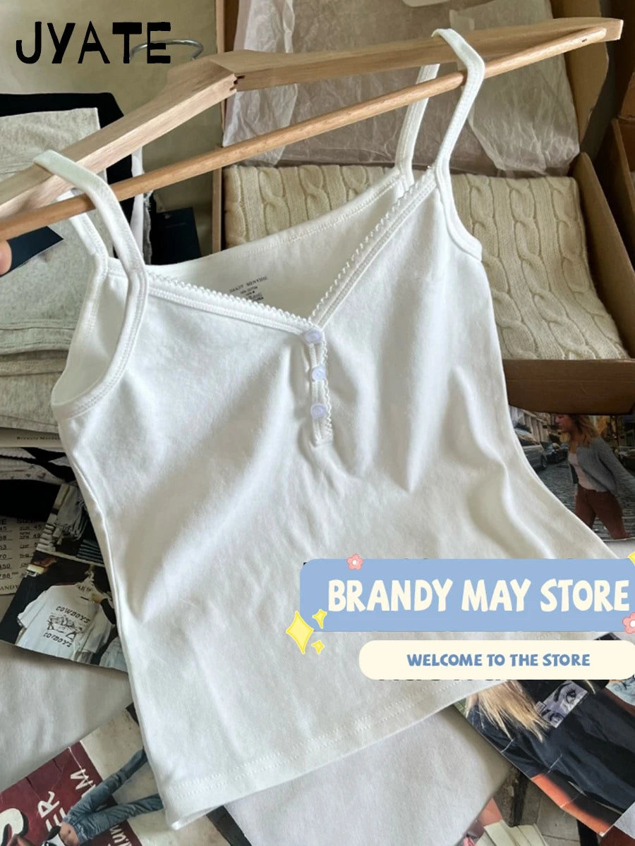 Basic White Lace Trim V-neck Tank Tops Women Summer New Cotton Casual Buttons Sleeveless Vests Vintage Chic Sweet Camisole Y2K