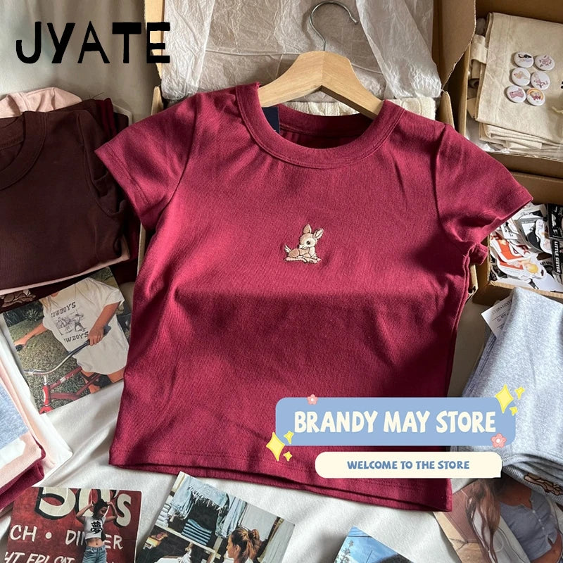 Little Deer Embroidery Crop Tops Women New Cotton Soft Casual Simple Cute Slim Short Sleeve Tees Preppy Style Sweet T-shirts Y2K