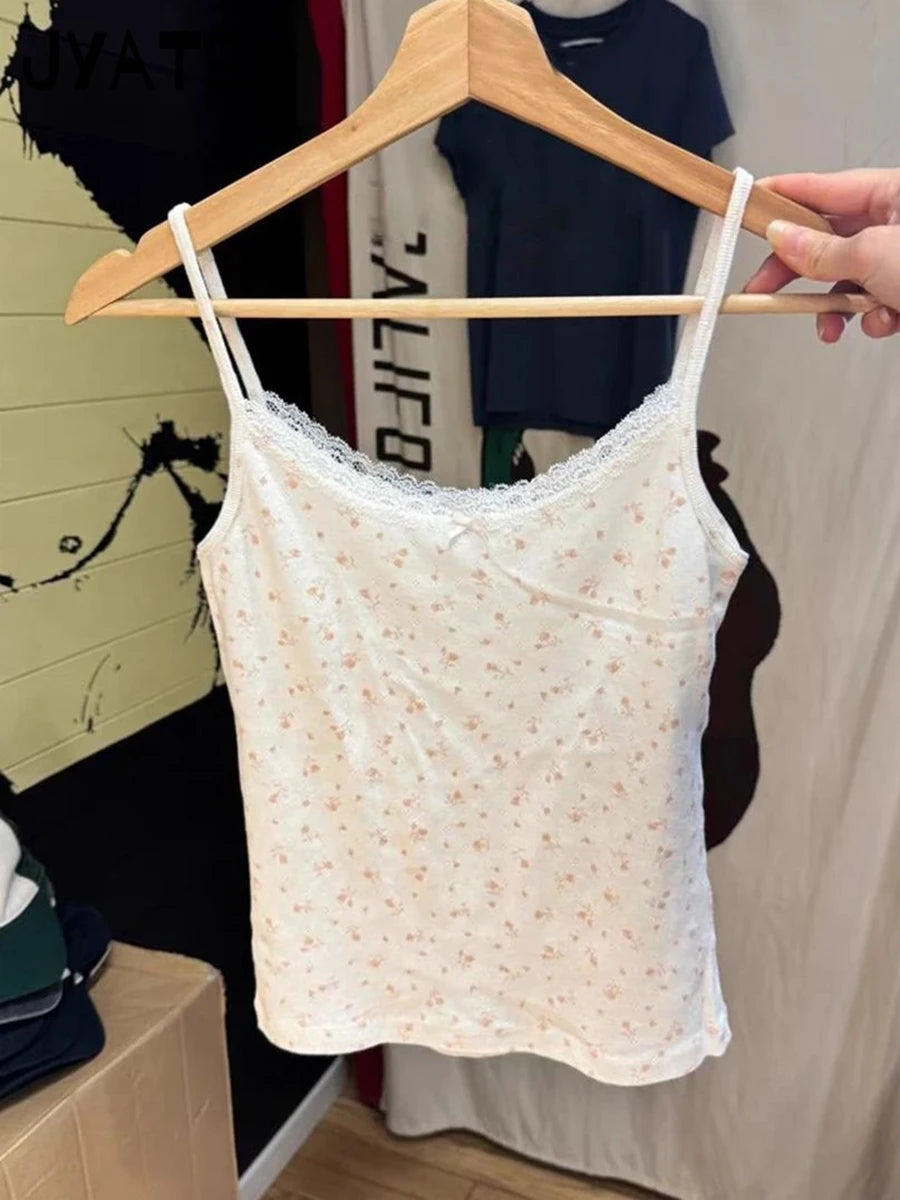 Pink Floral Print Lace Trim Tank Tops Women Summer New Cotton Bow Casual Chic Simple Camisole Girl Sweet Cute Vintage Vests Y2K