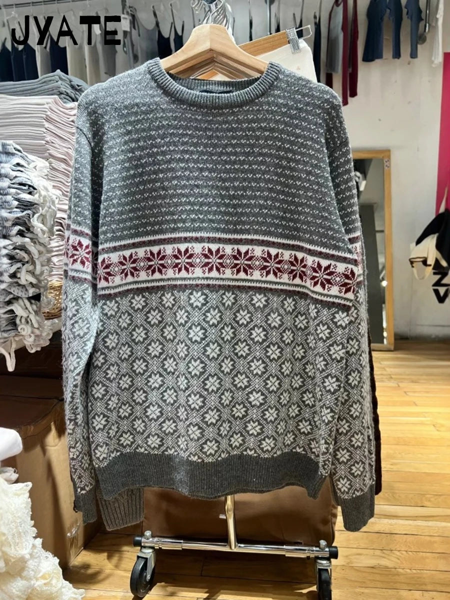 Fashion American Geometric Patchwork Knitted Pullover Tops Women Cotton Warm Loose Casual Jumper Vintage  Chic Y2K Sweaters New