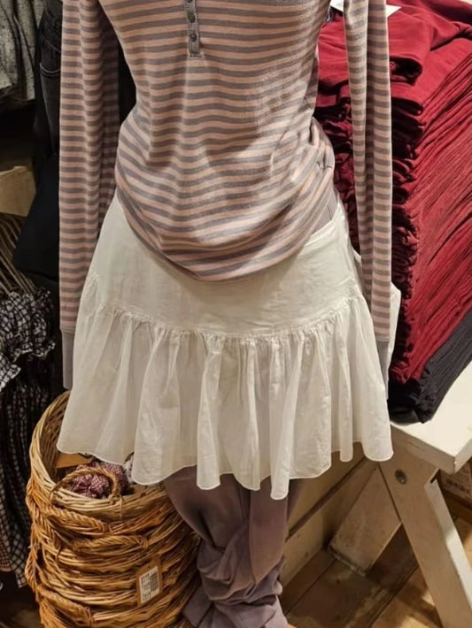 Lace-up A-line Shirks Women New Cotton High Waist Elastic Ruffles Hem Sweet Mini Skirts Vintage Cute Streetwear Chic Falda