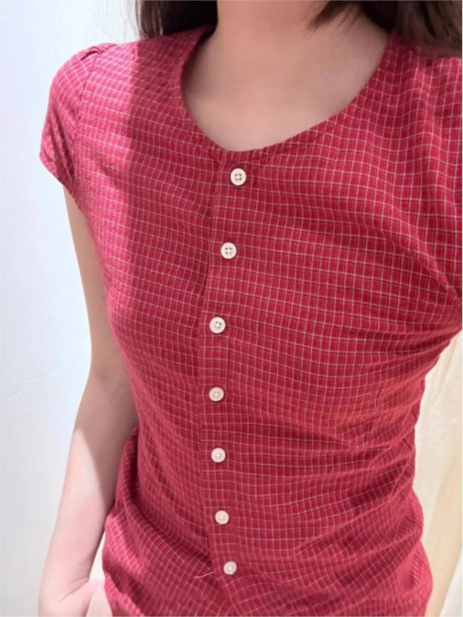 American Retro Red Plaid Blouse Women Summer New Single breasted Short Sleeve Tees Tshirts Sweet Vintage Streetwear Blouses Top