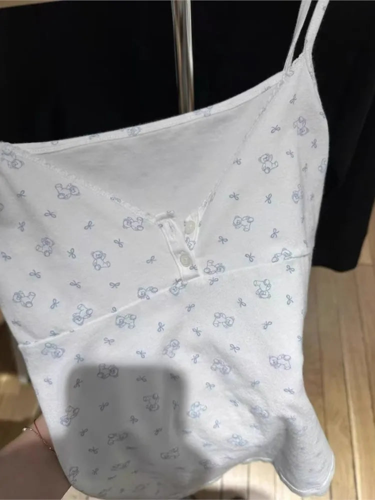 Sweet Bow Bear Print Buttons Tank Tops Women New Cotton Casual Slim Sleeveless Vests Cute Vintage Streetwear Camis Y2K Clothes