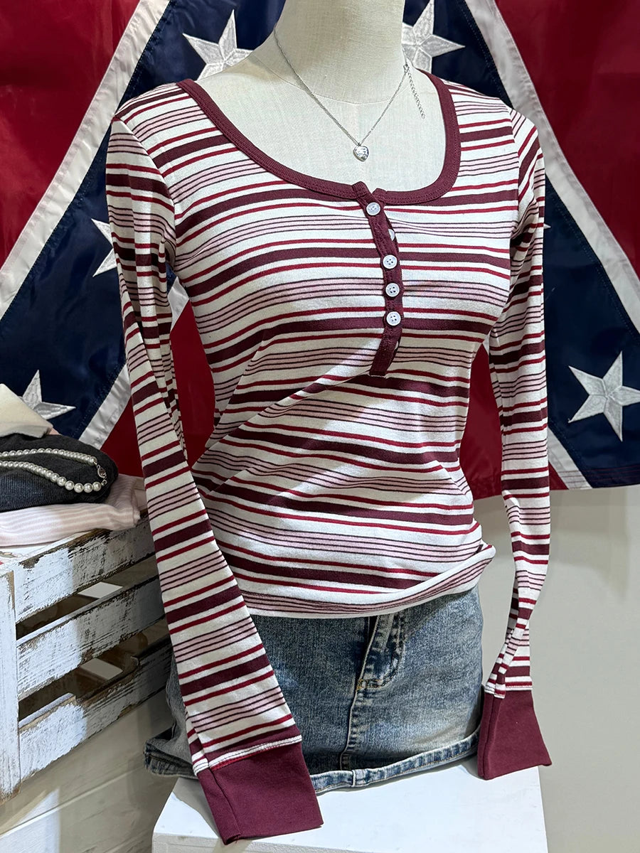 Sweet Pink Gray Striped Long Sleeve Tees Women Autumn Cute Cotton Buttons Slim T Shirt Tops Shoujo Clothes Simple Basic T-shirts