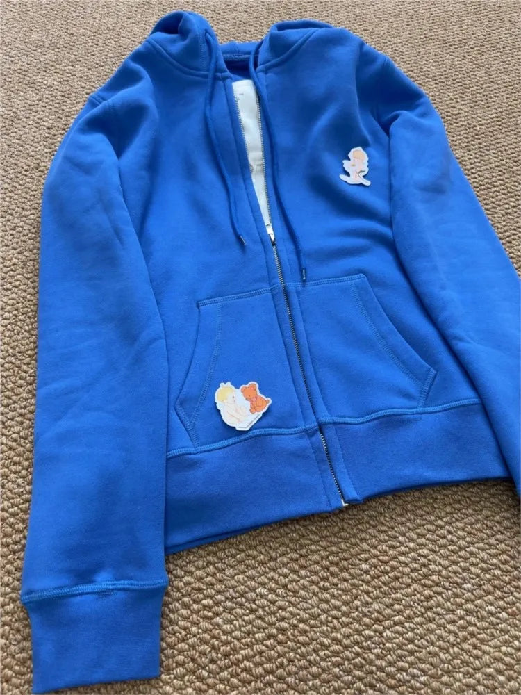 Electric Blue Zipper Hoodies Women Autumn Loose Pockets Drawstring Hoodie Tops Vintage Sweet Preppy Style Y2K Sweatshirts Coat