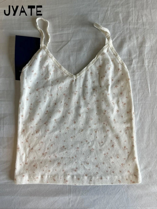 Floral Print V-neck Eyelet Slim Tank Tops Women Summer New Cotton Soft Sexy Casual Cropped Vests Sweet Cute Vintage Camisole Y2K