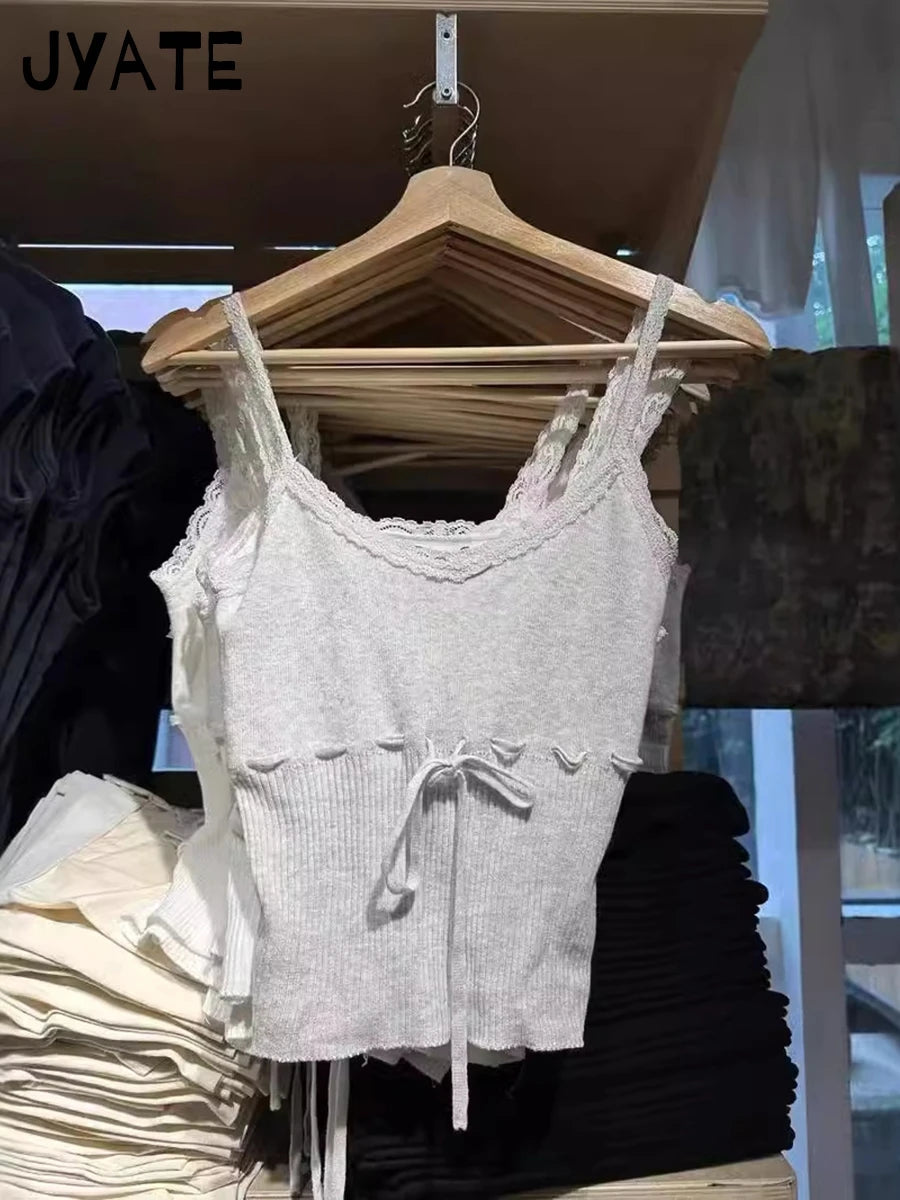 Lace Trim V-neck Knitted Camisole Women Summer Cotton Soft Casual Waist Lace-up Sleeveless Vests Vintage Gray Sweet Tank Top Y2K