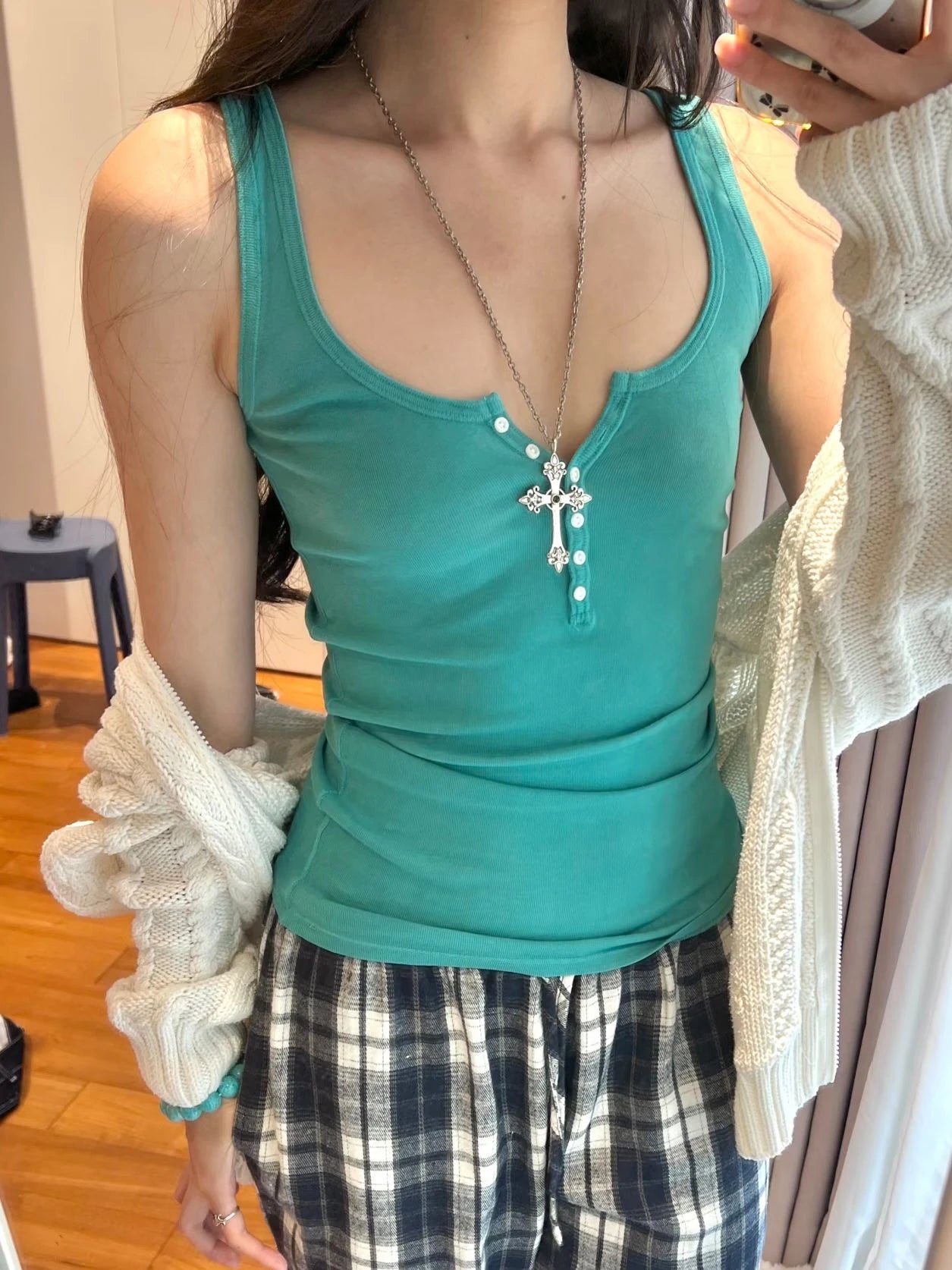 Six Buttons Army Green Slim Tank Top Woman Summer  Y2KStreetwear U Collar Sleeveless Cotton Vest American Vintage Basic Tops New