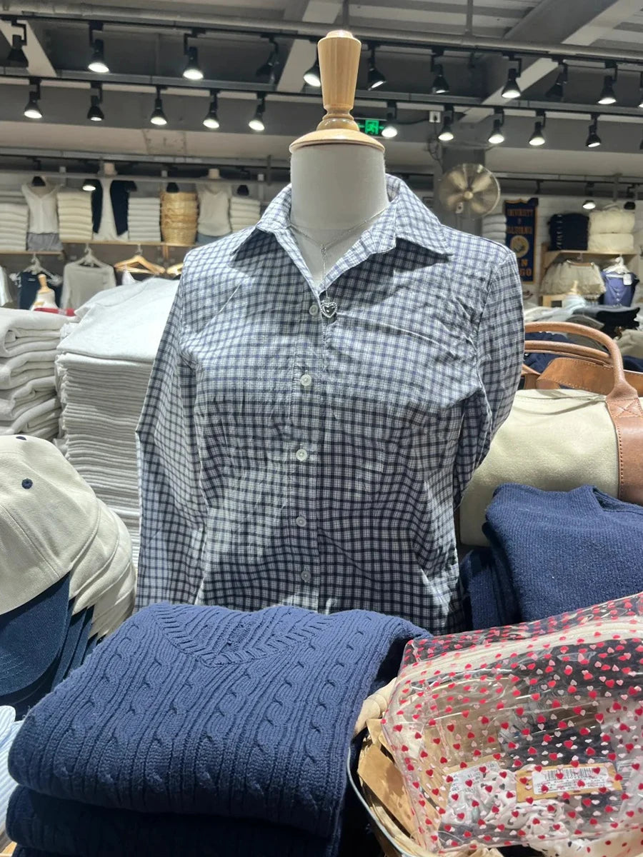 Plaid Buttons Slim Blouse T-shirts Women Casual Turn down Collar Long Sleeve Tees Girls Cute Sweet Preppy Style Y2K Crop Tops