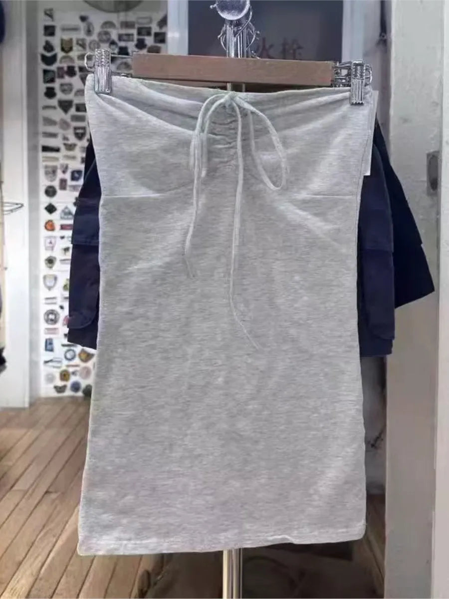 Sweet Solid Cotton Drawstring Strapless Tank Tops Women Streetwear Side Split Slim Cropped Vest Summer Vintage Chic Camis Y2K