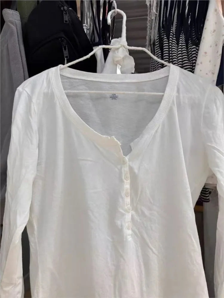 White Lightweight Long Sleeve Tees Women New Casual Loose Cotton O-neck Buttons Tee Tshirt Sweet Chic Streetwear T-shirts y2k