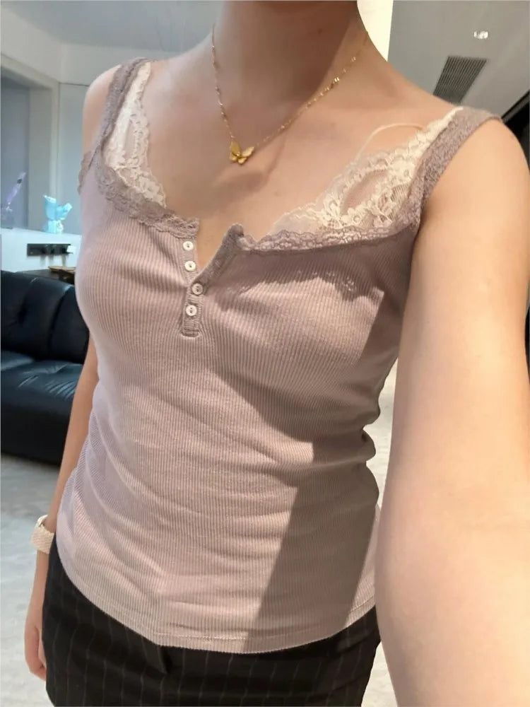 Sweet Purple Lace Trim Ribbed Camis Women New Cotton Buttons Slim Sleeveless Vests Basic Preppy Style Cute Cropped Tank Tops Y2K