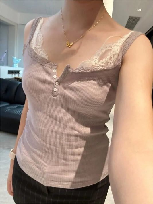 Sweet Purple Lace Trim Ribbed Camis Women New Cotton Buttons Slim Sleeveless Vests Basic Preppy Style Cute Cropped Tank Tops Y2K