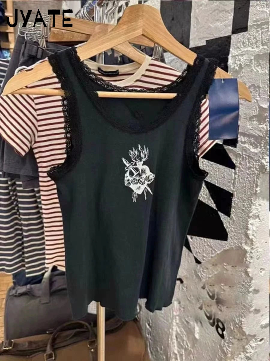 Harajuku Heart Print Lace Trim Tank Tops Women New Cotton Casual Slim Sleeveless Cropped Vests Vintage Chic Streetwear Camisole