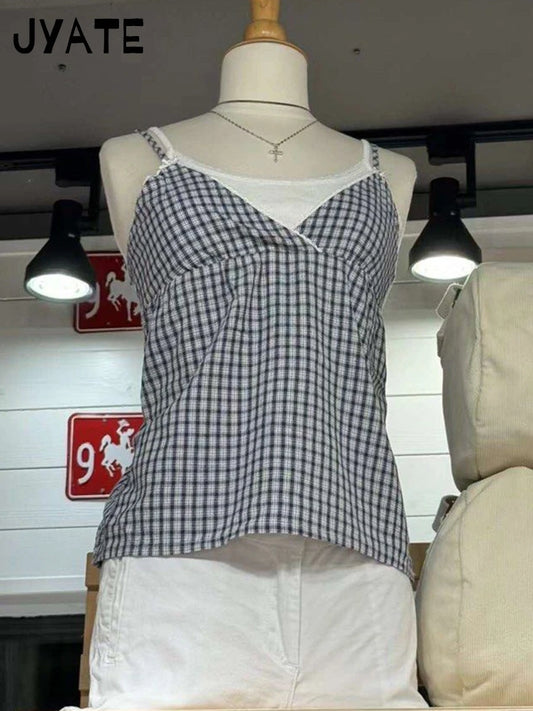 Plaid Lace Trim V-neck Bow Tank Tops Women Summer New Casual Streetwear Simple Back Lace-up Vest Vintage Sweet Chic Camisole Y2K