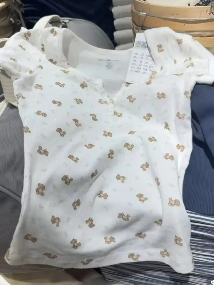 Little Bear Print Buttons T-shirts Women Casual O-neck Short Sleeve Cotton Tee Shirts Sweet Cute Preppy Style Tshirt Y2k Tops
