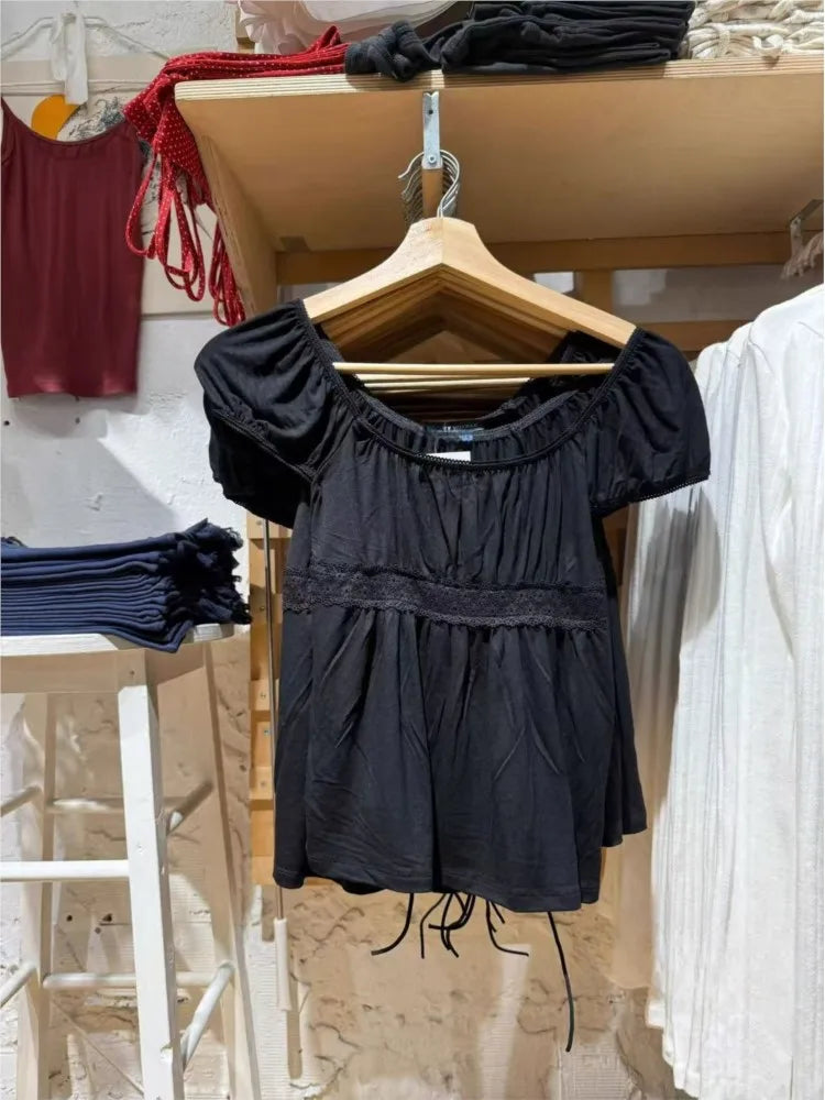 Black Lace Trim Babydoll Top Women Summer New Y2K Casual Slim Lace-up Square Collar Tee Tops Sweet Vintage Preppy Style T-shirts