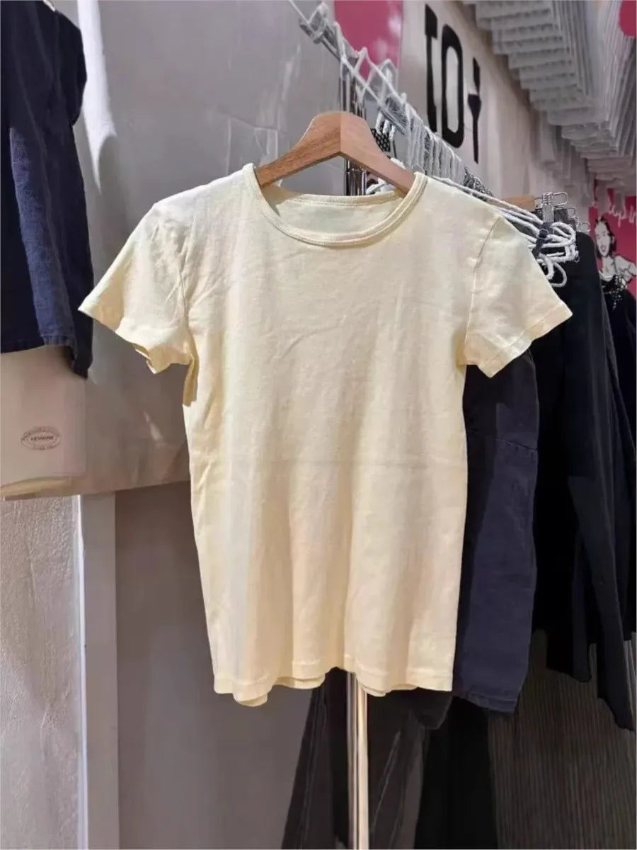 Light Yellow Basic Slim T-shirt Women Casual Basic O-neck Short Sleeve Cotton Tee Tops Sweet Cute Simple All-match Tshirt Top