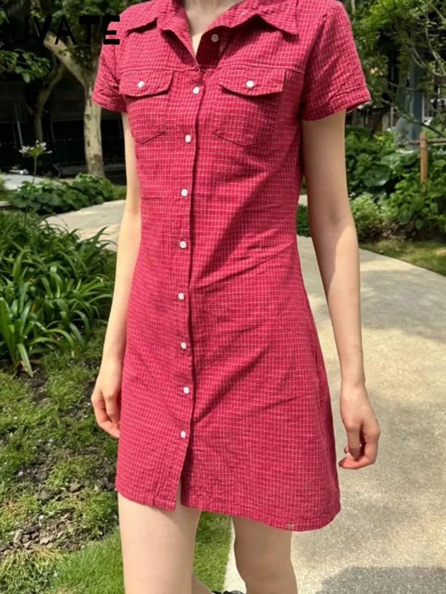 Retro Red Plaid Pockets Shirt Dresses Women New Turn Down Collar Single Breasted Short Sleeve Vestidos Sweet Vintage Mini Dress