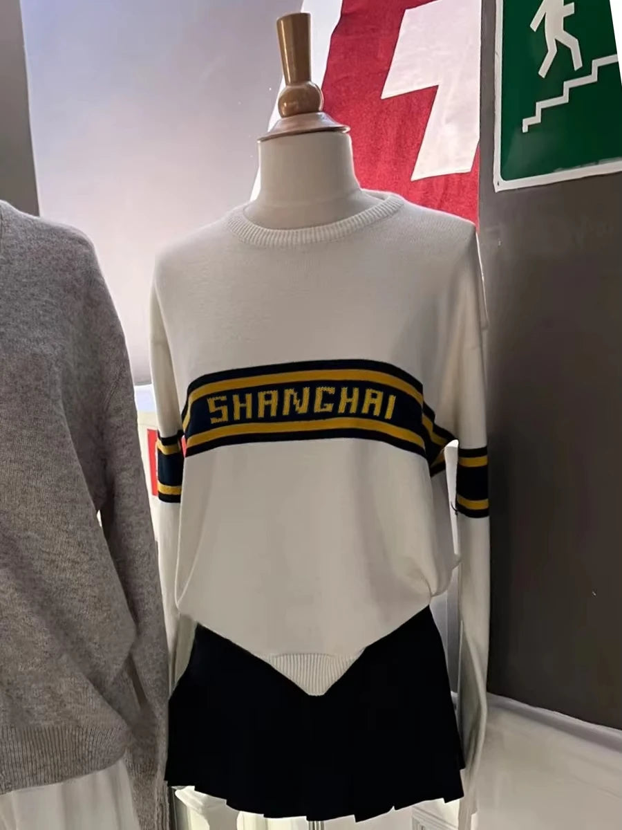 Letter Jacquard Sweaters Woman Spring Crew Neck Long Sleeve Cotton Jumper Female Casual Sweet Preppy Style Pullovers