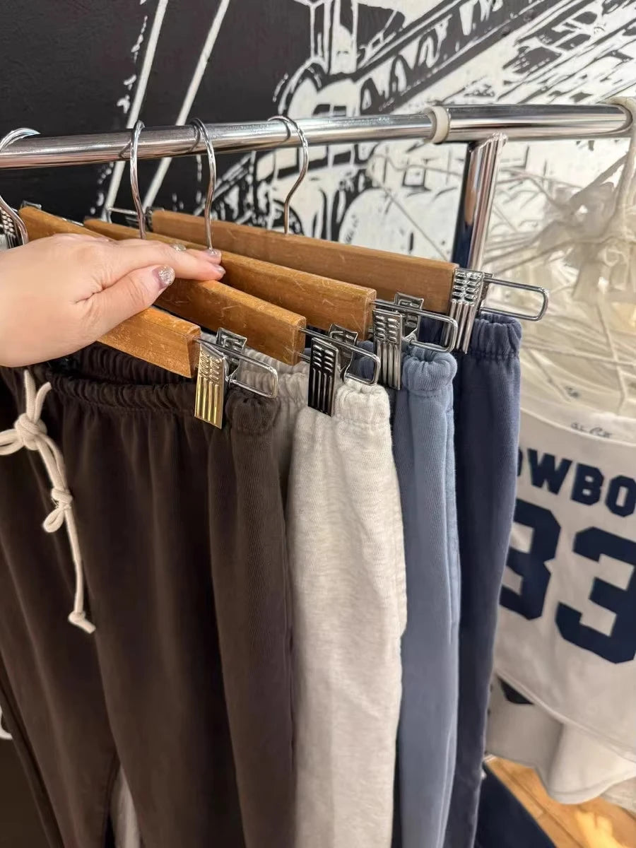 Retro Brown Drawstring Trousers Women Casual Cotton Soft High Waist  Straight Sweatpants Vintage Sweet Sport Long Pants Y2K New