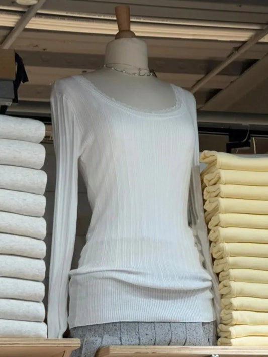Autumn New White Knit Slim Long Sleeve Tees Women Fashion U-neck Cotton Soft T-shirt Cute Preppy Style  Casual T Shirt Y2K Top
