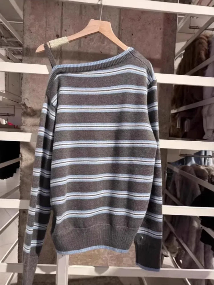 Striped Off-the-shoulder Knitted Cardigan Women Spring Streetwear Sexy Button Sweater Coat Simple Sweet Preppy Style Sweaters