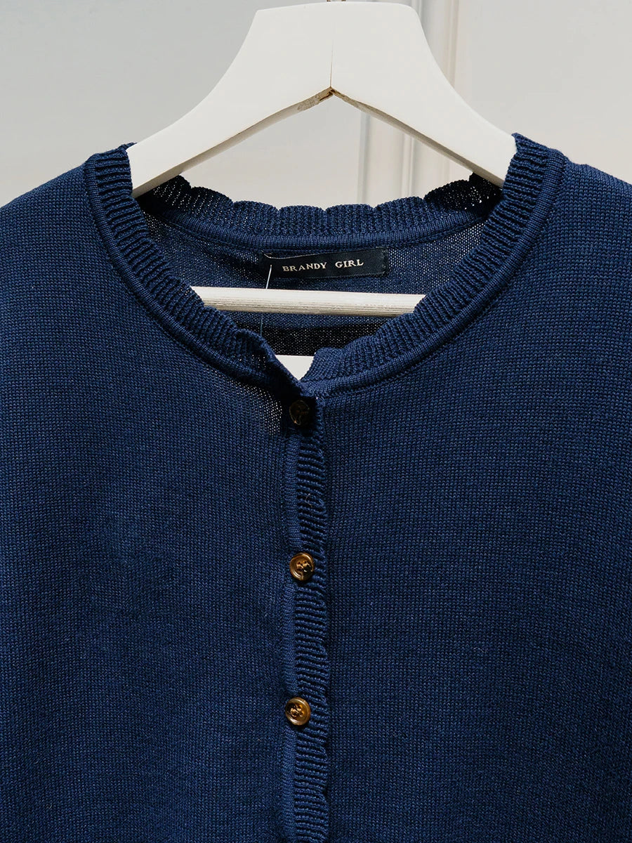 Navy Pocket Knit Sweater Coat Women Autumn Lace Trim Neck Button Casual Solid Jumper Tops Sweet Cute Preppy Style Cardigan New