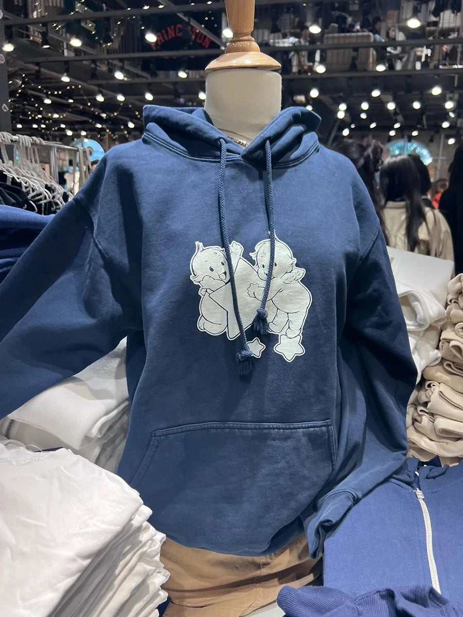 Angel Star Print Hoodie Women Autumn Pocket Long Sleeve Pull Sweatshirts Sweet Preppy Style Cute Oversized Hoodies Tops Y2K New