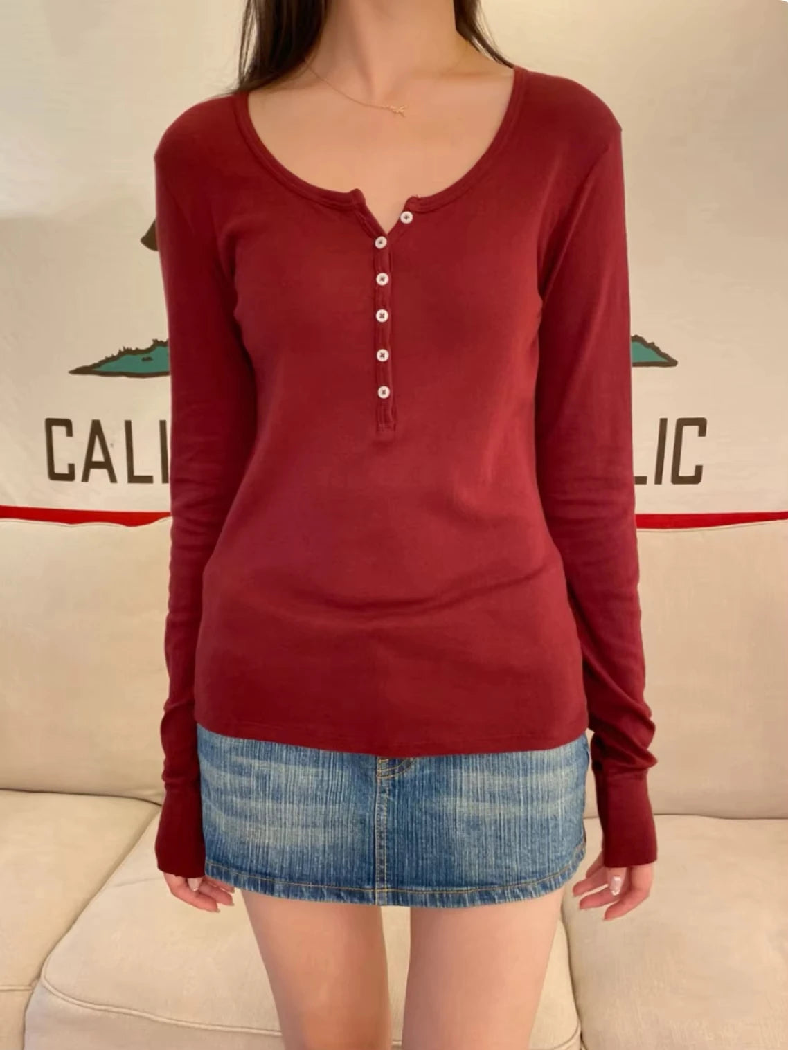 Burgundy Six Buttons T-shirt Woman Autumn Casual O-neck Cotton Slim Long Sleeve Tshirt Streetwear Vintage Simple Basic Tee Tops