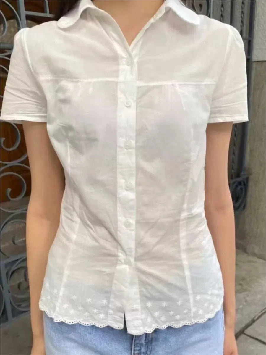 Lace Trim White T-shirt Blouse Women Casual Pan Collar Single Breasted Short Sleeve Tee Sweet Cute Preppy Style T-shirts Y2K New