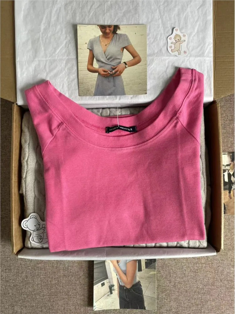 Rose Pink Slash Neck T-shirt Women Casual Preppy Style Slim Short Raglan Sleeve Cotton Tee Shirts Sweet Preppy Style Tshirts Y2K