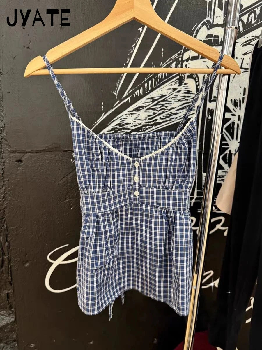 Retro White Lace Trim Blue Plaid Tank Tops Women New Buttons Back Lace-up Sleeveless Vests Vintage Chic Sweet Blouse Camis Y2K