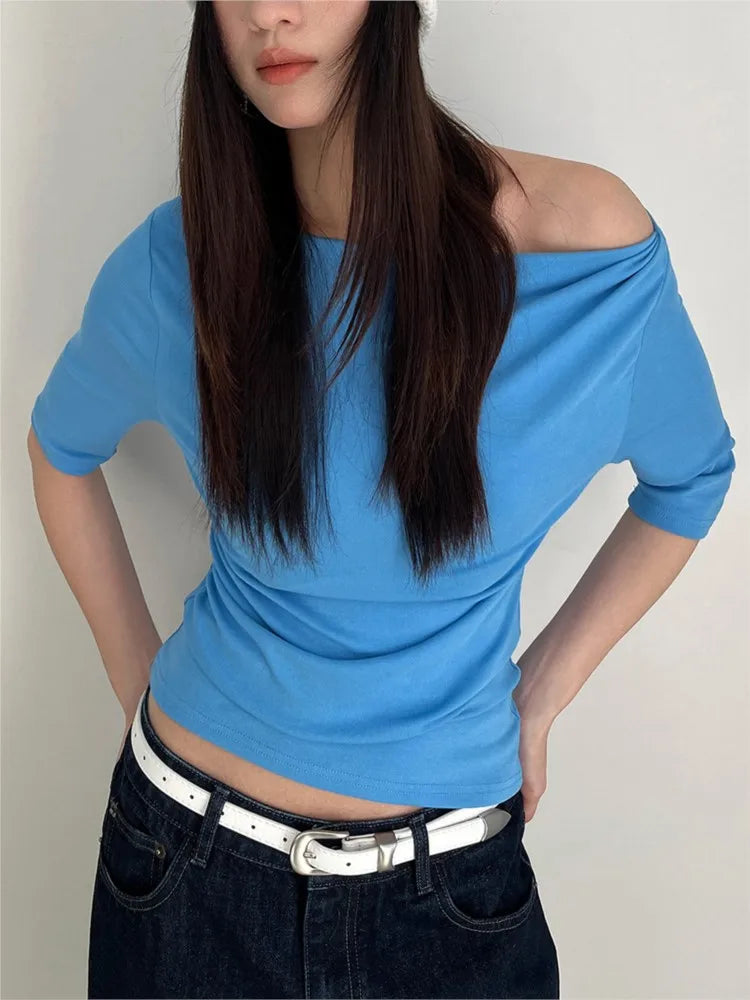 Electric Blue Half Sleeve Tees Women Summer Casual Streetwear Slim Slash Neck Crop Tops Female Vintage Simple Basic T-shirts Y2K