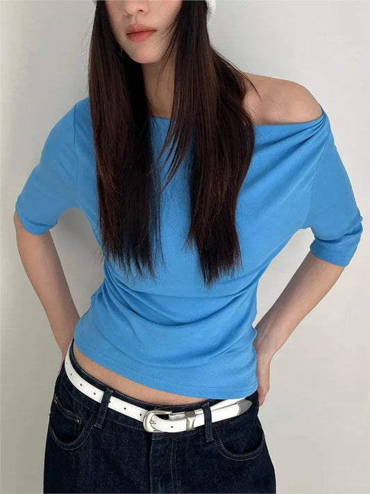 Electric Blue Half Sleeve Tees Women Summer Casual Streetwear Slim Slash Neck Crop Tops Female Vintage Simple Basic T-shirts Y2K