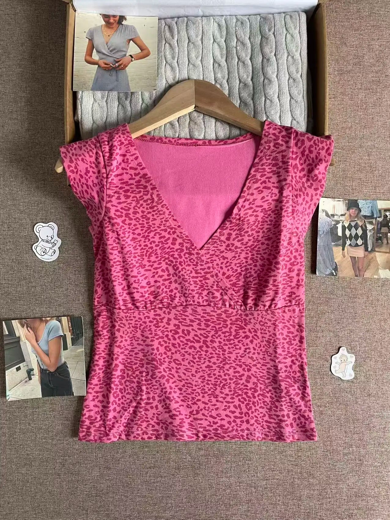 Leopard Print Collection T-shirts Women Summer Cotton Slim Small Flying Sleeves Vests Female American Vintage Sweet Tops Y2K