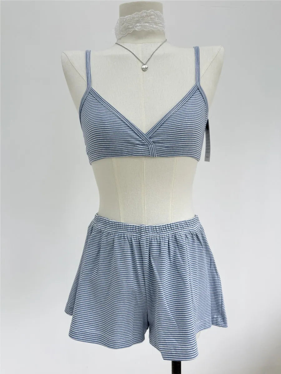 Cute Blue Striped Bra Shorts Set Women V-neck Slim Bras with Straight Sweatshorts Sweet Cute Cotton Home Pajama 2 Piece Sets Y2K