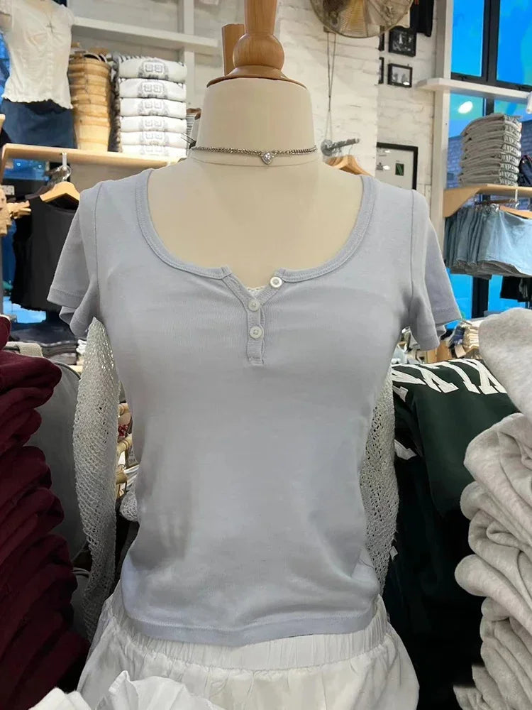 Blue Three Buttons Slim Crop Top Women Casual O-neck Cotton Short Sleeve T Shirt Grils Vintage Sweet Preppy Style Basic T-shirts