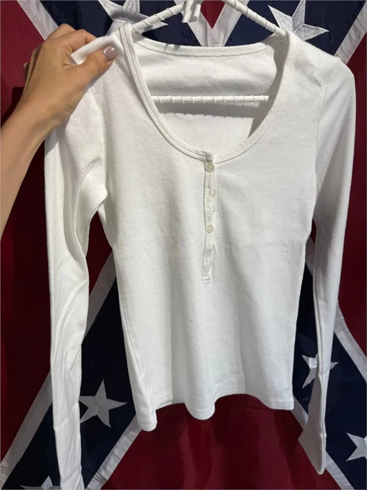 Simple White Ribbed Slim Long Sleeve T-shirts Women Autumn Six Buttons O-Neck Cotton Tshirts Tops  All-match Tees Shirt Clothes