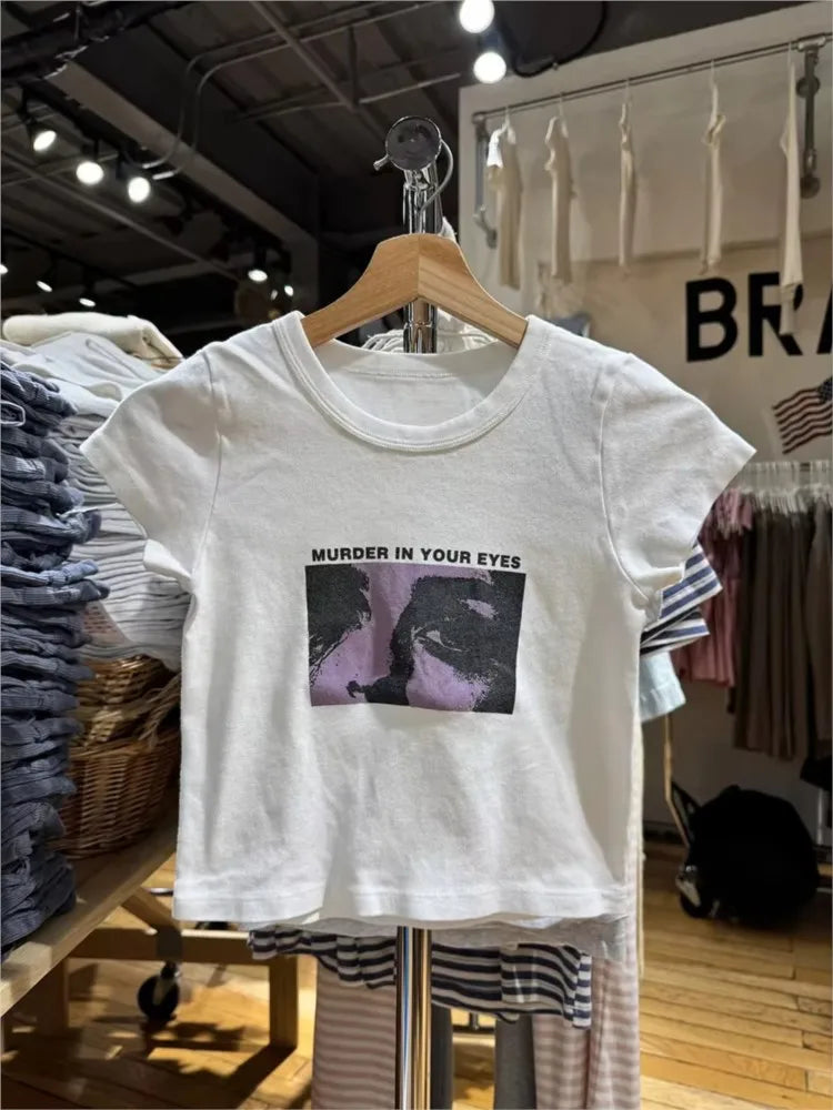 Y2k Graphic Print Slim Crop Tops Women Streetwear O-neck Short Sleeve Cotton Tees Female Summer Vintage Preppy Style Tshirt