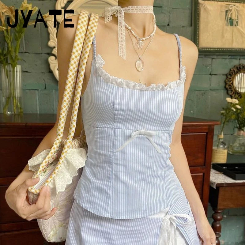 Fashion Blue Striped Square Collar Camisole Women New Slim Sexy Lace Trim Bow Sleeveless Vests Sweet Cute Vintage Tank Tops Y2K